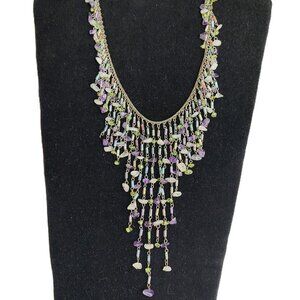 Vintage Nature Bijoux Amethyst Peridot Beaded Waterfall Bib Choker Necklace